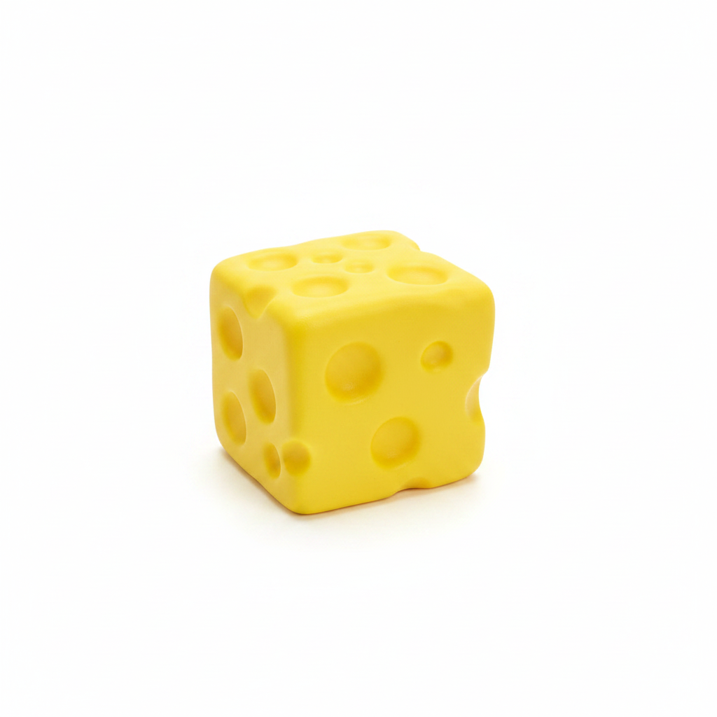 Yellow cheese block squishy stress relief toy on white background
