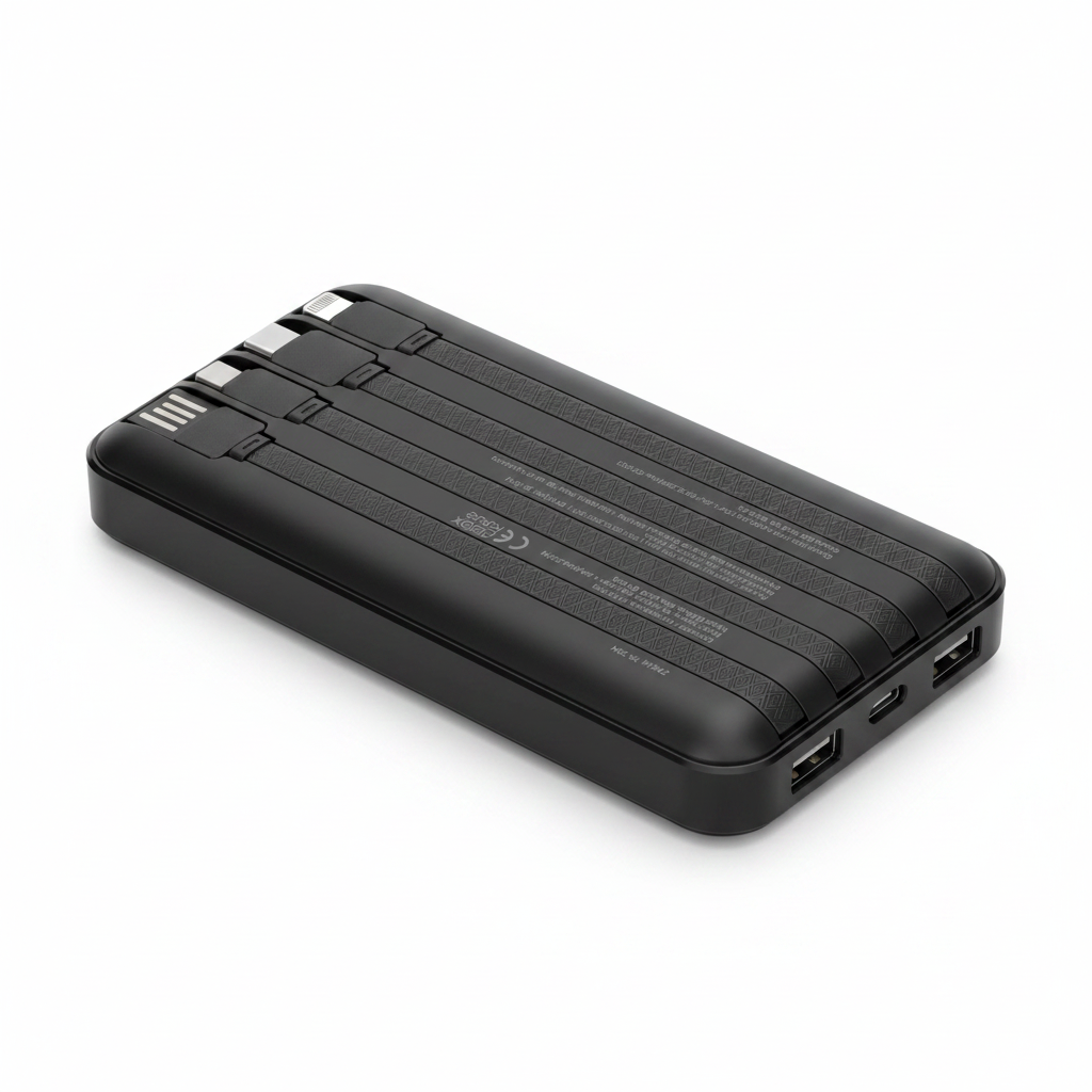 PDI Accessories 10000mAh 4-in-1 Power Bank with built-in cables on white background