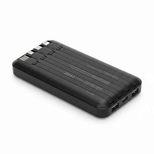 PDI Accessories 10000mAh 4-in-1 Power Bank with built-in cables on white background